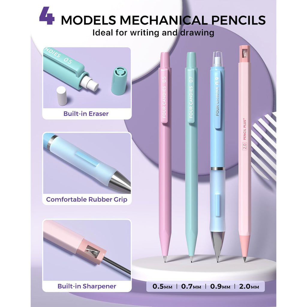 Four Candies 36PCS Aesthetic Supplies in Large Capacity Pencil Case, 12PCS Mechanical Pencils 0.5-2.0mm with 624PCS Lead Refills, Cute Pencils Ideal for Writing, Drawing & Drafting (Pink)