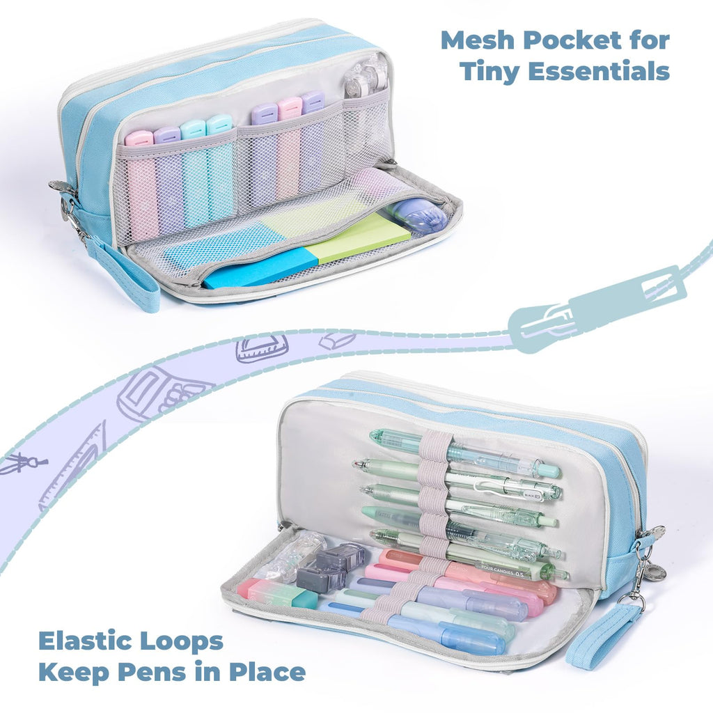 Four Candies Pencil Case 3 Compartment, Large Pencil Case with Removable Handle & Zipper, Cute Stationery Organizer for Markers, Makeup Bag, Cute Pencil Bag for Office College, Blue