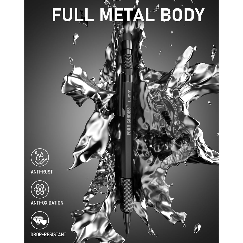 Four Candies 1.3mm Mechanical Pencil Set with 48 Lead Refill, 3PCS Metal Weatherproof Body Heavy Duty Carpenter Pencil, 3 Eraser, 12 Eraser Refill, for Outdoor Woodworking Drafting Marking with Case