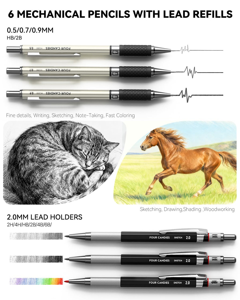 Four Candies 52pcs Art Supplies Sketching & Drawing Kit with 10 Micron Fineliner Pens, 6 Drafting Mechanical Pencils,3-Color Sketchbook,27 Lead Refills, Supplies Gifts for Beginners Adults