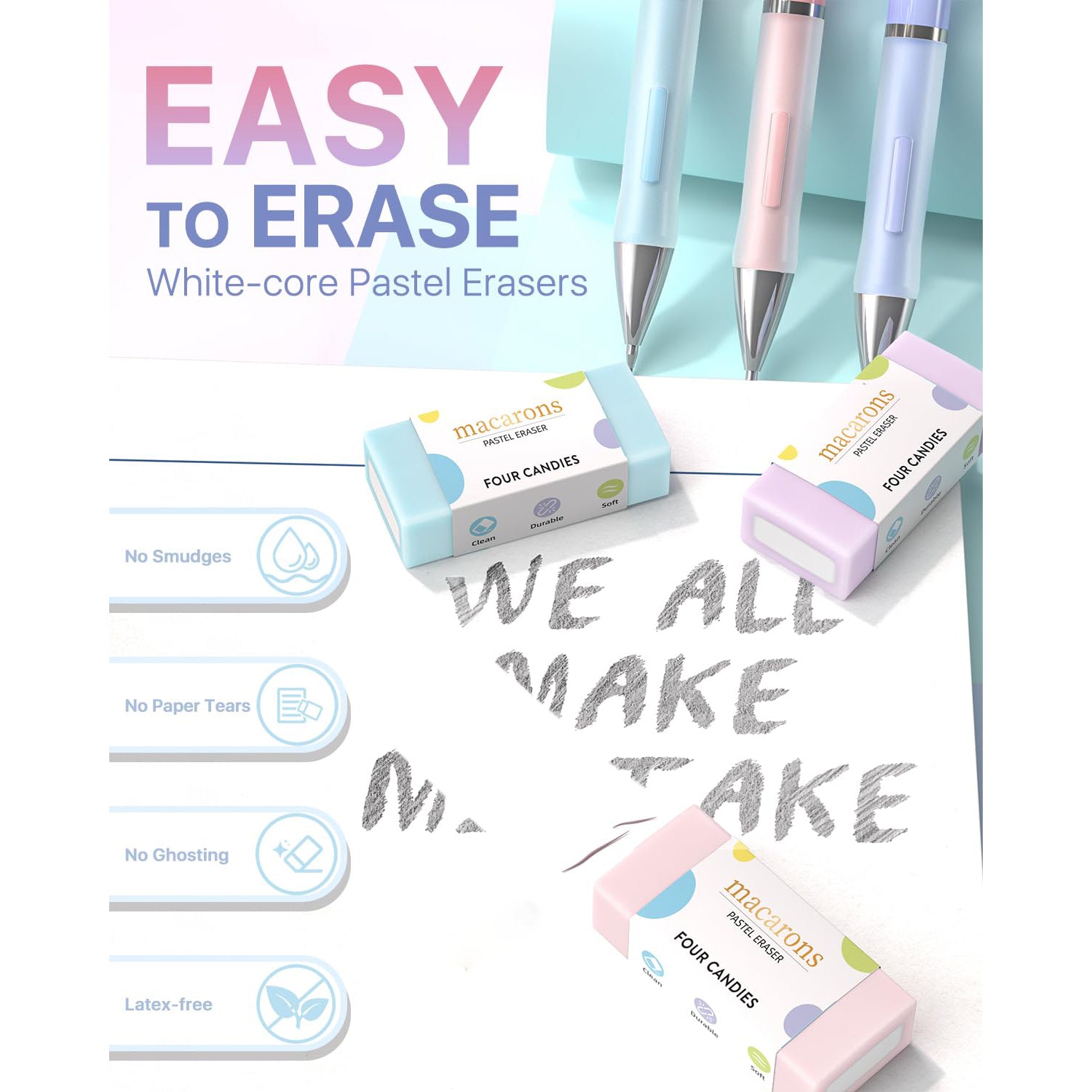 Four Candies Pastel Mechanical Pencil Set for Drawing & Writing, 3PCS Mechanical Pencils in 0.5mm with 360PCS HB Lead Refills, 3PCS Erasers and 9PCS Eraser Refills