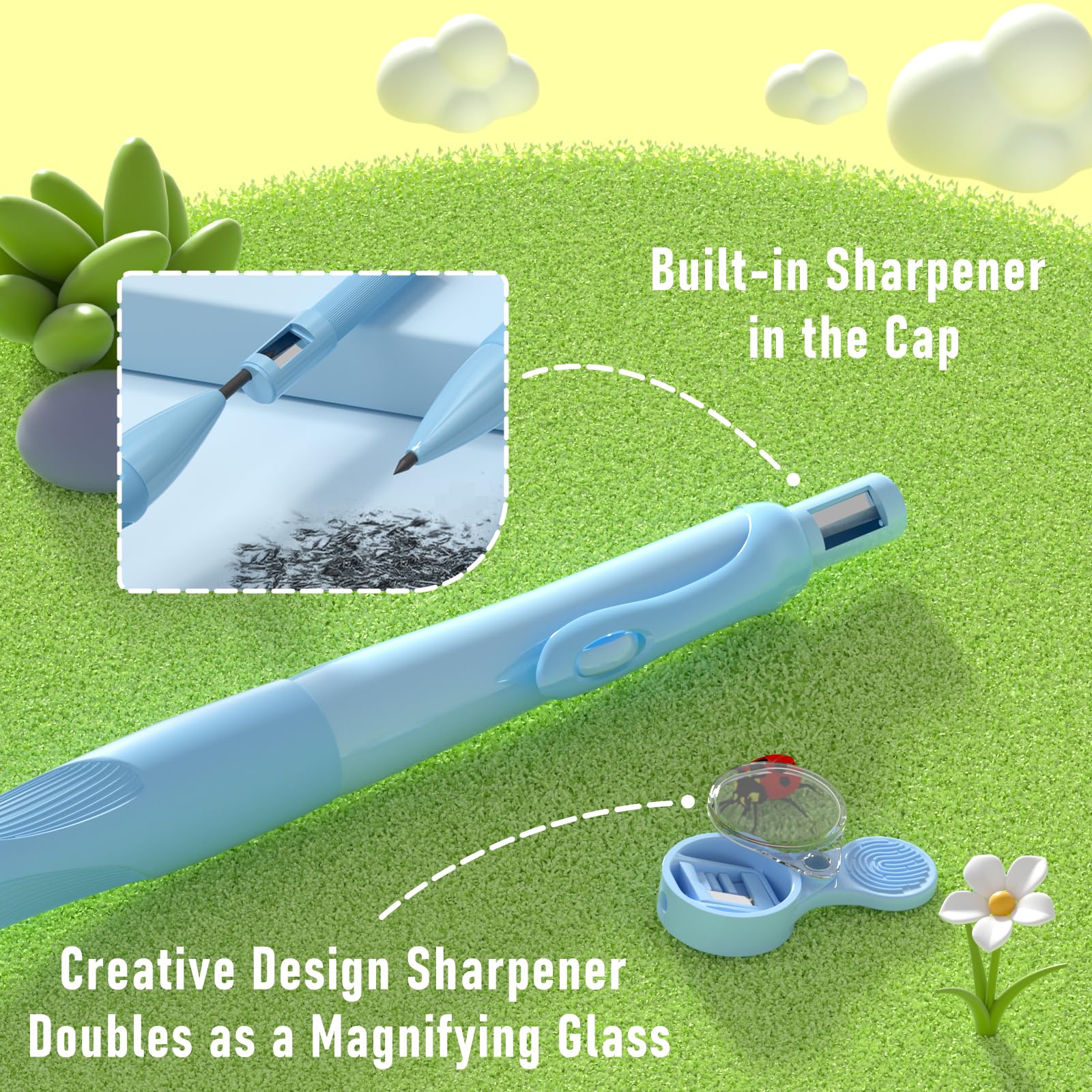 Four Candies 4PCS Cute Mechanical Pencil Set, 2.0mm Ergonomic Mechanical Pencil with 44PCS HB Pencil Leads, 2PCS Sharpeners/Erasers, for Writing and Drawing