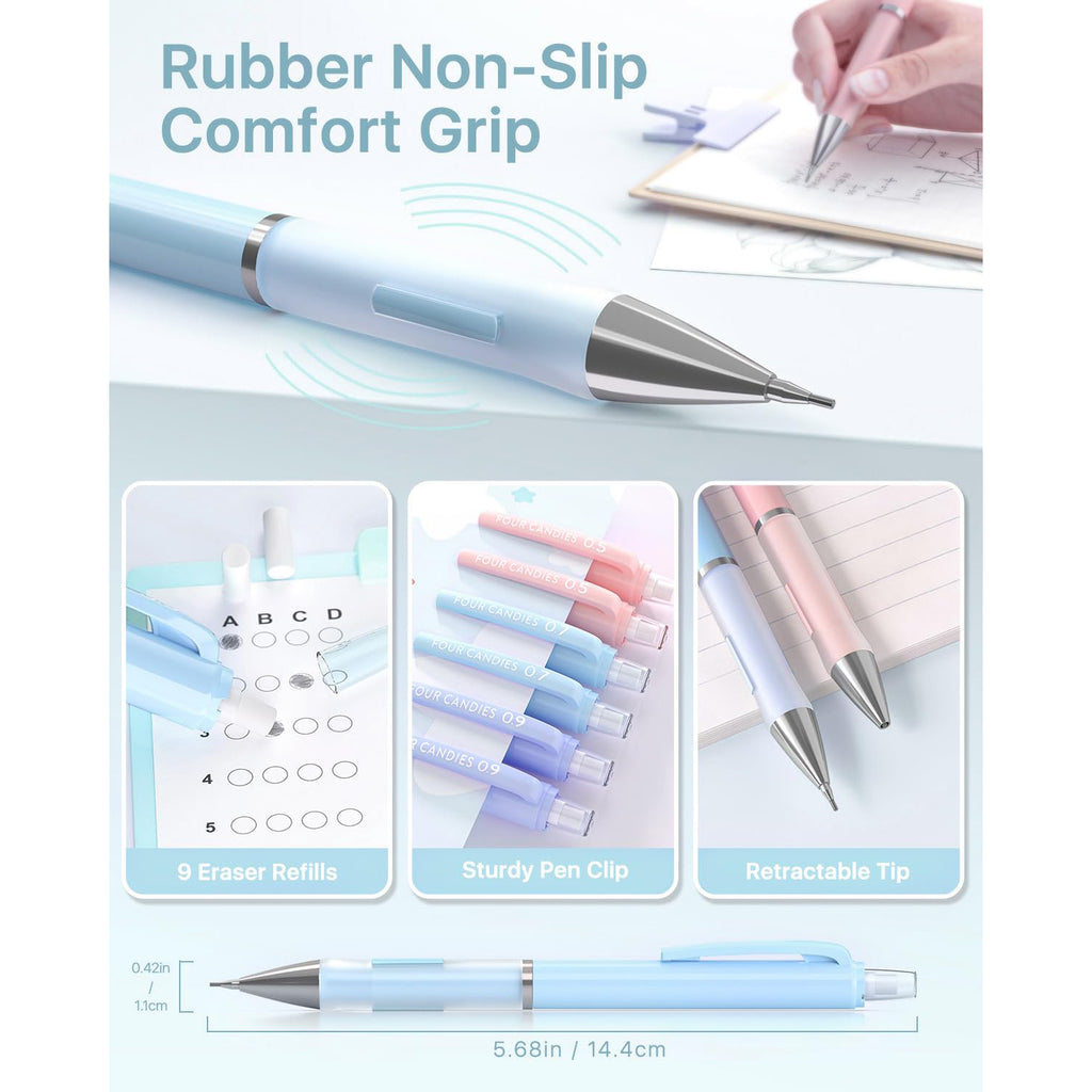 Four Candies Pastel Mechanical Pencil Set - 6PCS 0.5 & 0.7 & 0.9 mm Pencils with 360PCS HB Lead Refills, 3 Erasers and 9 Eraser Refills