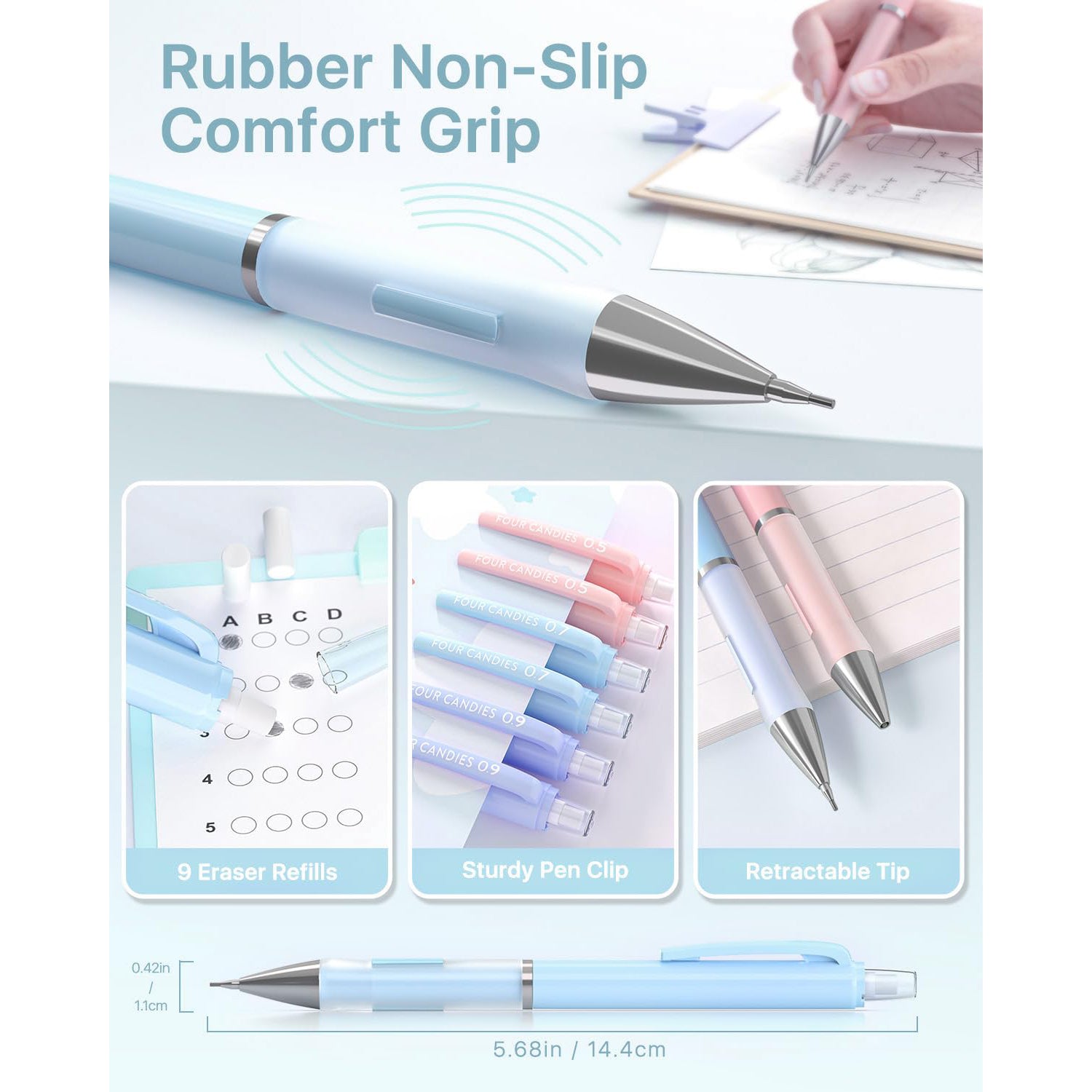 Four Candies Pastel Mechanical Pencil Set - 6PCS 0.5 & 0.7 & 0.9 mm Pencils with 360PCS HB Lead Refills, 3 Erasers and 9 Eraser Refills