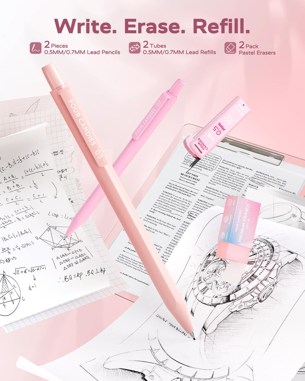 Four Candies Aesthetic Supplies, 4 Gel Pens with Black Ink, 4 Correction Tapes, 2 Pastel Highlighters, 2 Mechanical Pencils, Sticky Notes, Index Post for Bible Study Supplies with Case Pink