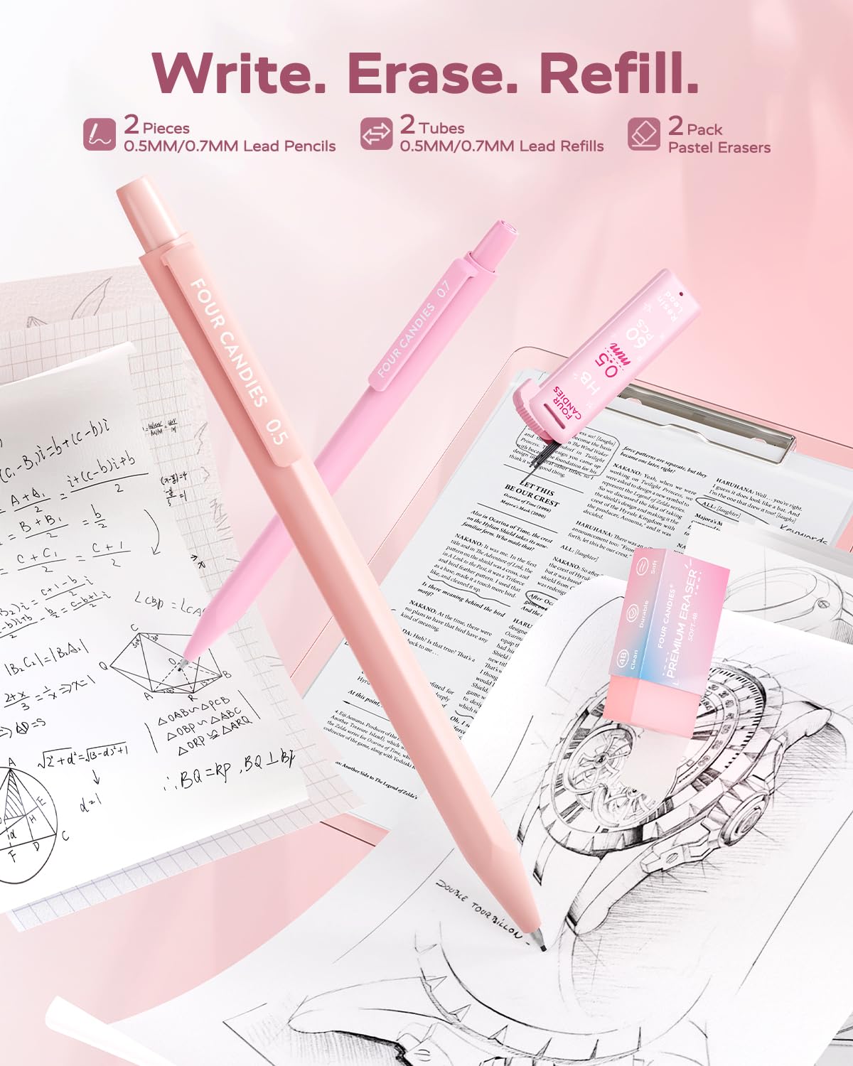 Four Candies Aesthetic Supplies, 4 Gel Pens with Black Ink, 4 Correction Tapes, 2 Pastel Highlighters, 2 Mechanical Pencils, Sticky Notes, Index Post for Bible Study Supplies with Case Pink