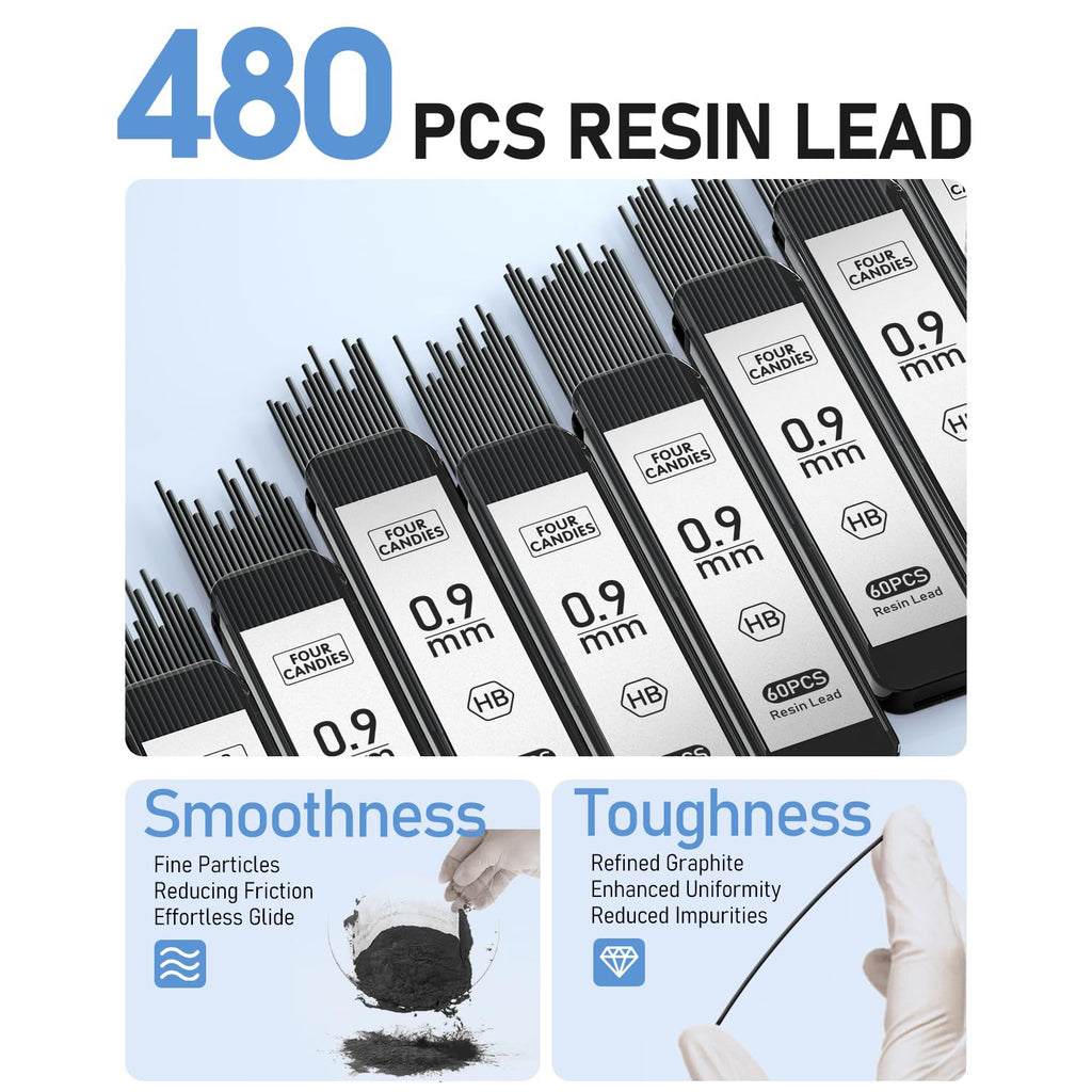 Four Candies 0.9mm Mechanical Pencil Set with Case, 3PCS Metal Pencil with 8 Tubes (480PCS) HB Lead Refills, 3 Erasers, 9 Eraser Refills for Writing Drafting, Black