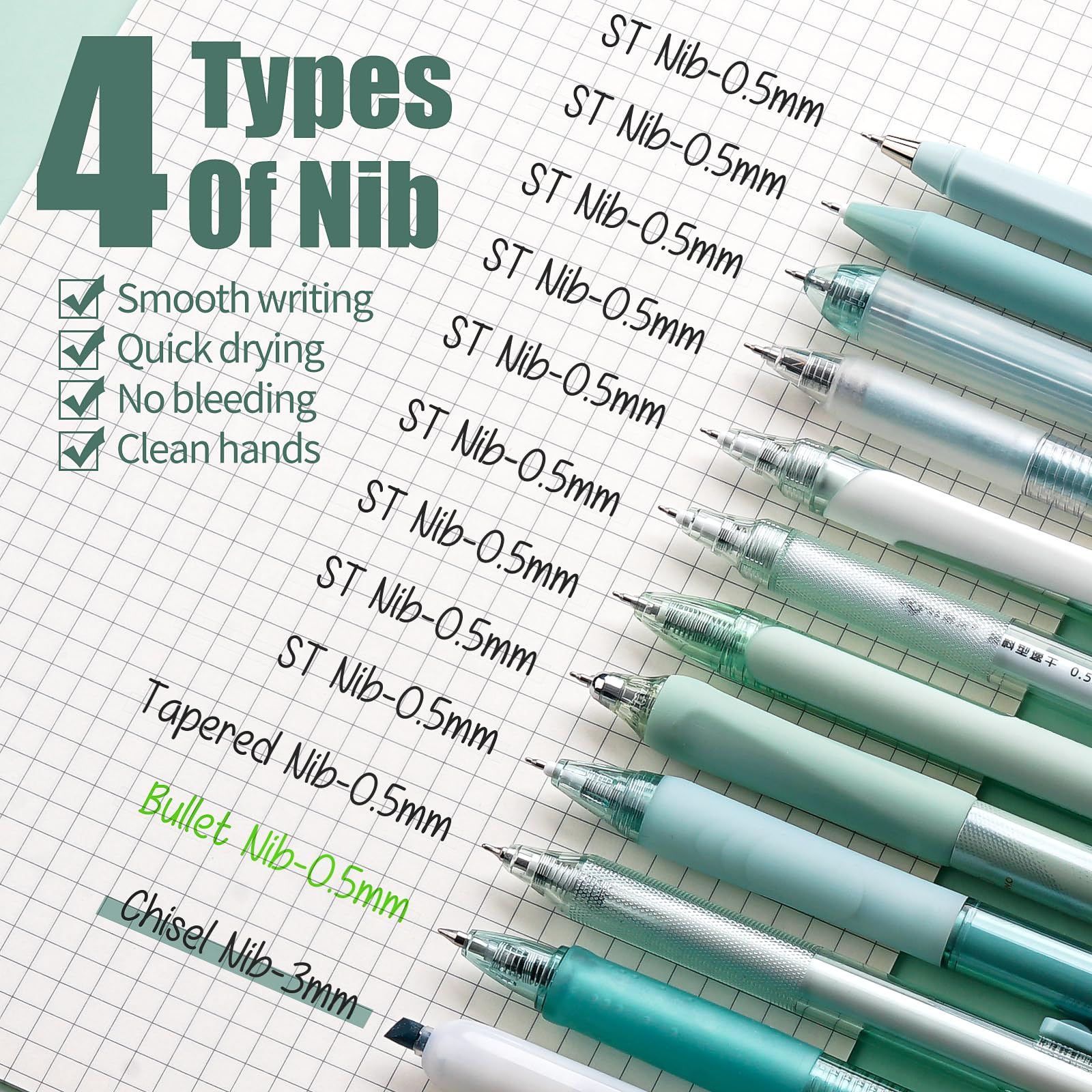 Four Candies 12Pack Pastel Gel Ink Pen Set, 11 Pack Black Ink Pens with 1Pack Highlighter (Green)