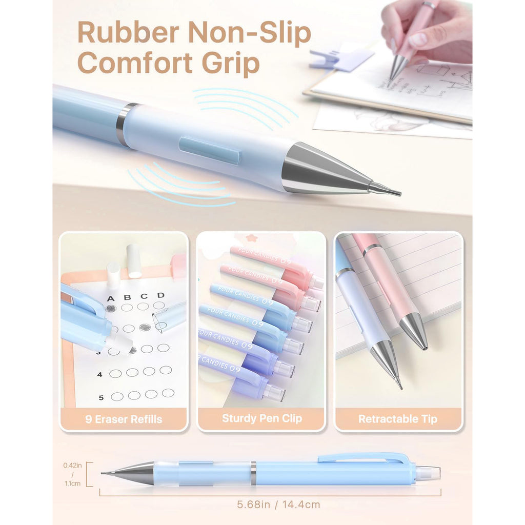 Four Candies Pastel Mechanical Pencil Set for Drawing & Writing, 3PCS 0.9mm Mechanical Pencils, 360PCS HB Lead Refills, 3 Erasers and 9 Eraser Refills