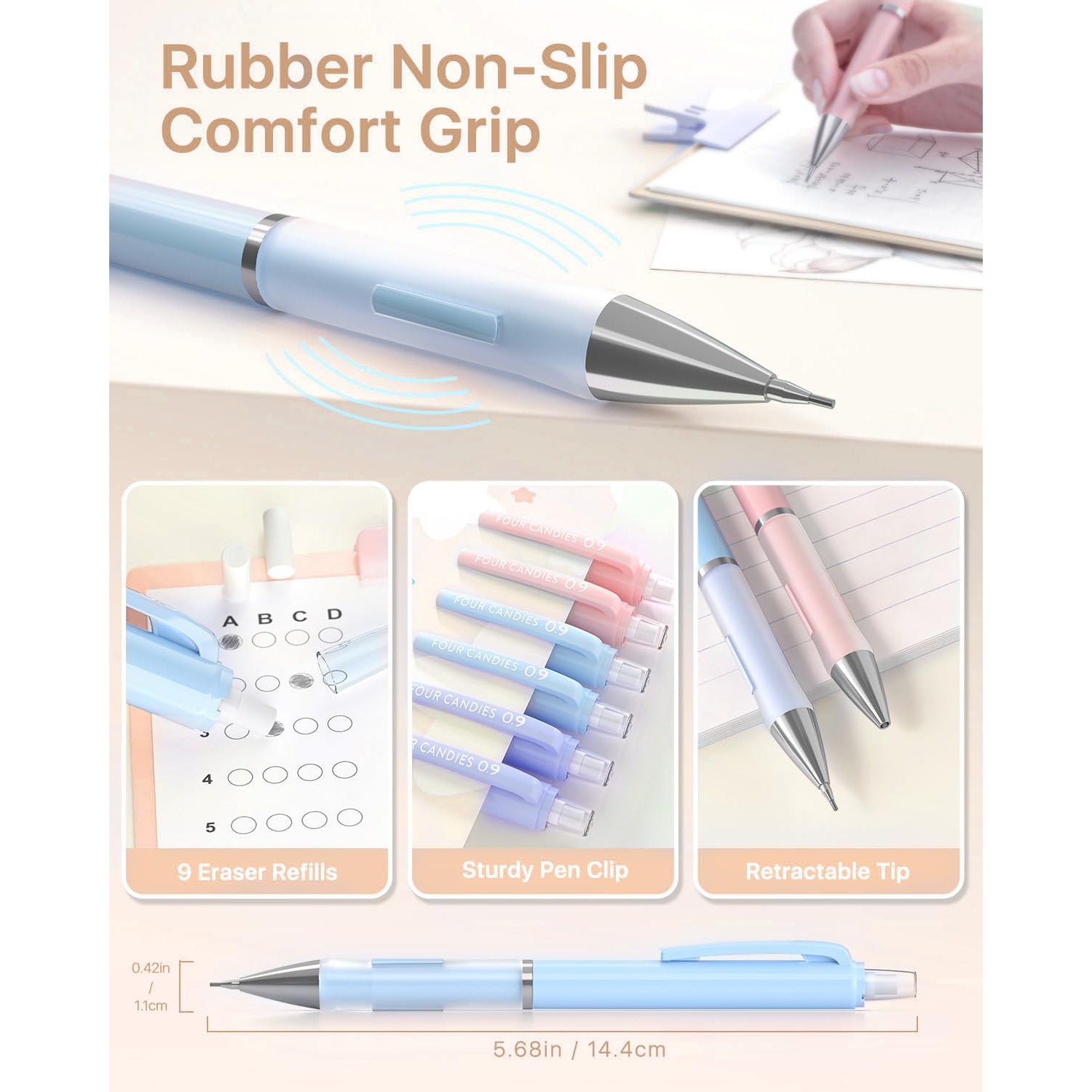 Four Candies Pastel Mechanical Pencil Set for Drawing & Writing, 3PCS 0.9mm Mechanical Pencils, 360PCS HB Lead Refills, 3 Erasers and 9 Eraser Refills