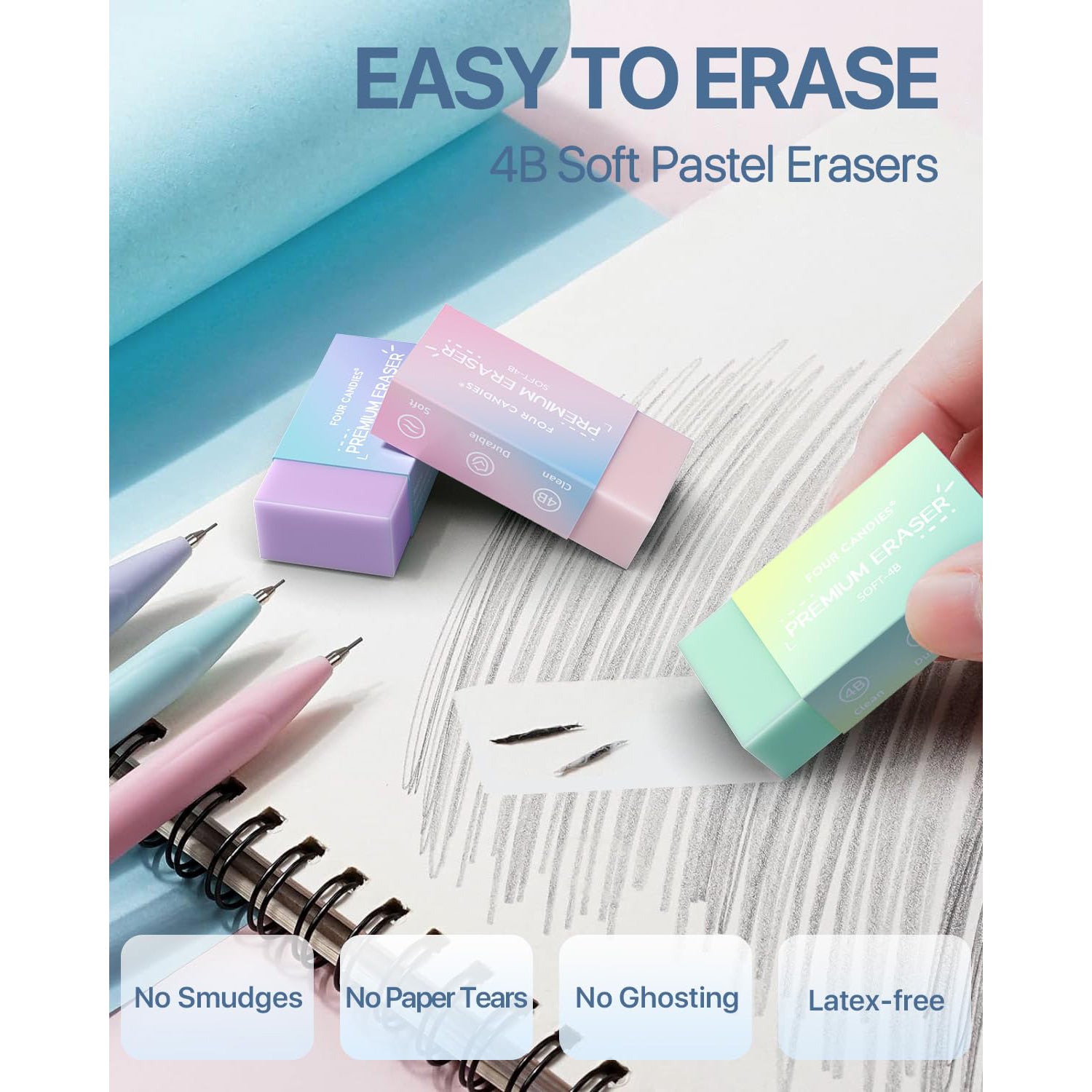 Four Candies Mechanical Pencils 0.7mm, with HB & 2B Lead Refills 0.7, Pastel Eraser Set & Eraser Refills, 16-Count Pack with Case, Cute Aesthetic Supplies for Writing, Drawing