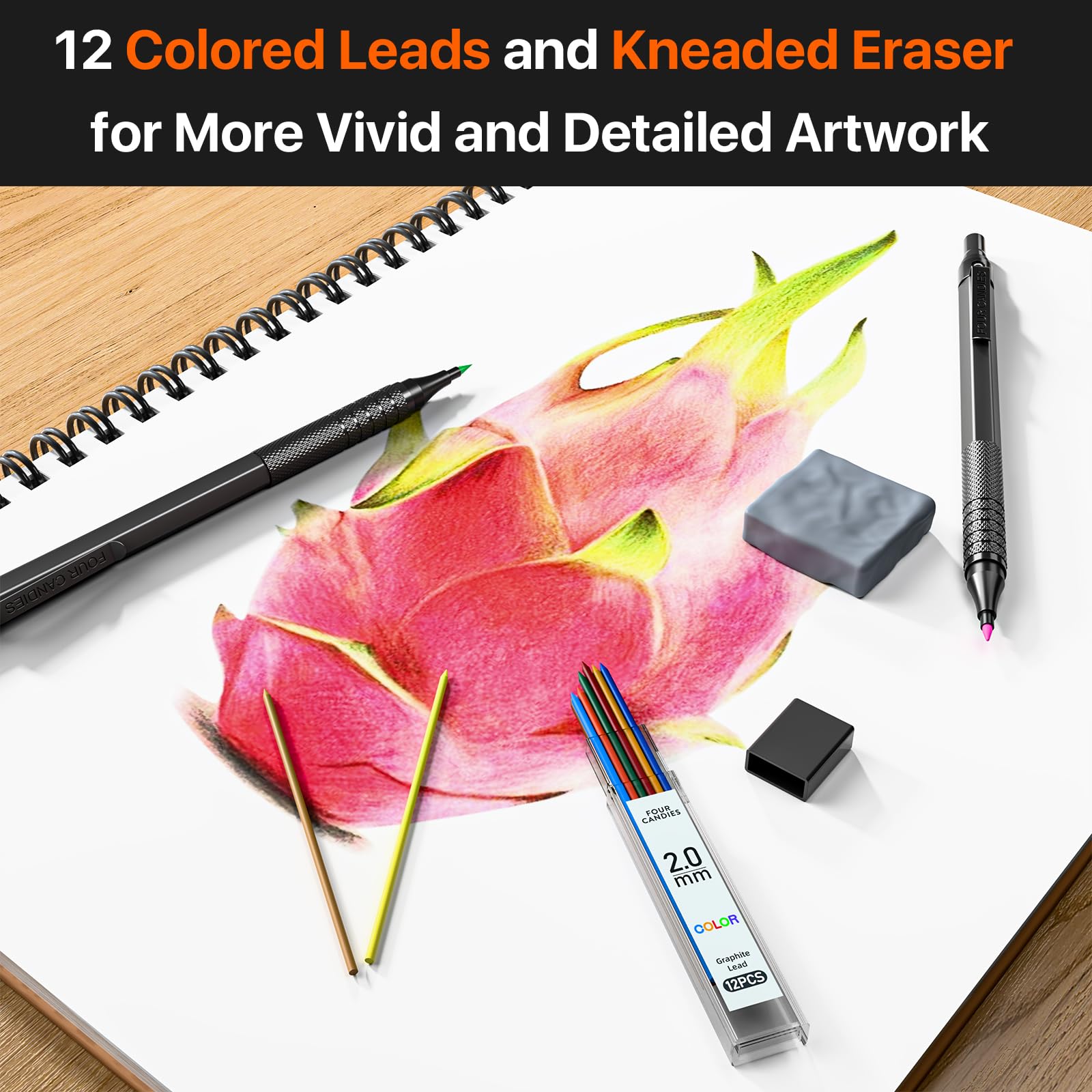 Four Candies Metal Mechanical Pencil Set,5 Count, Metal Mechanical Pencils 0.5, 0.7, 0.9,2.0(2Pcs), 420Pcs Leads (4B 2B HB 2H Color), for Writing Sketching Drawing (Black)