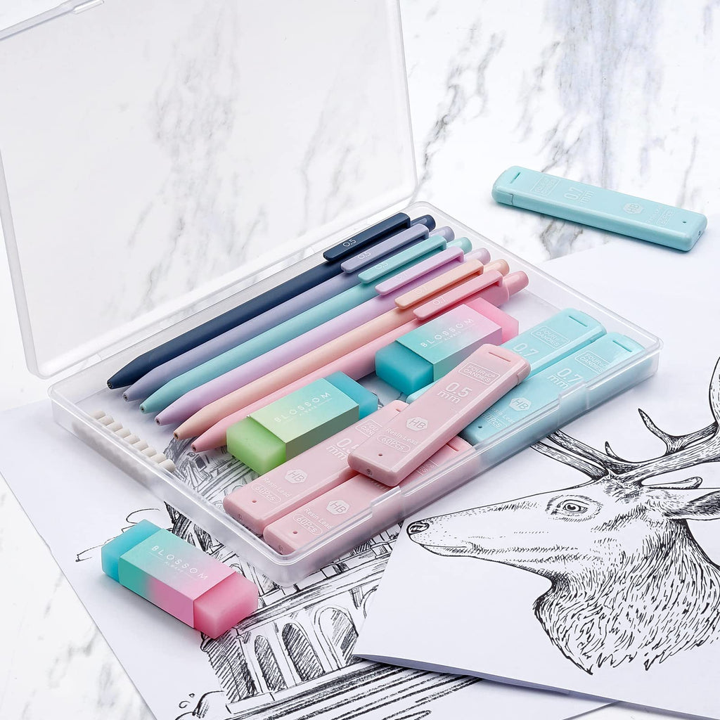 Four Candies Cute Mechanical Pencils, 6PCS Pastel Mechanical Pencils in 0.5mm & 0.7mm, with 360PCS Pencil Leads, 3PCS Erasers and 9PCS Refills, Aesthetic Mechanical Pencil Set for Drawing & Writing