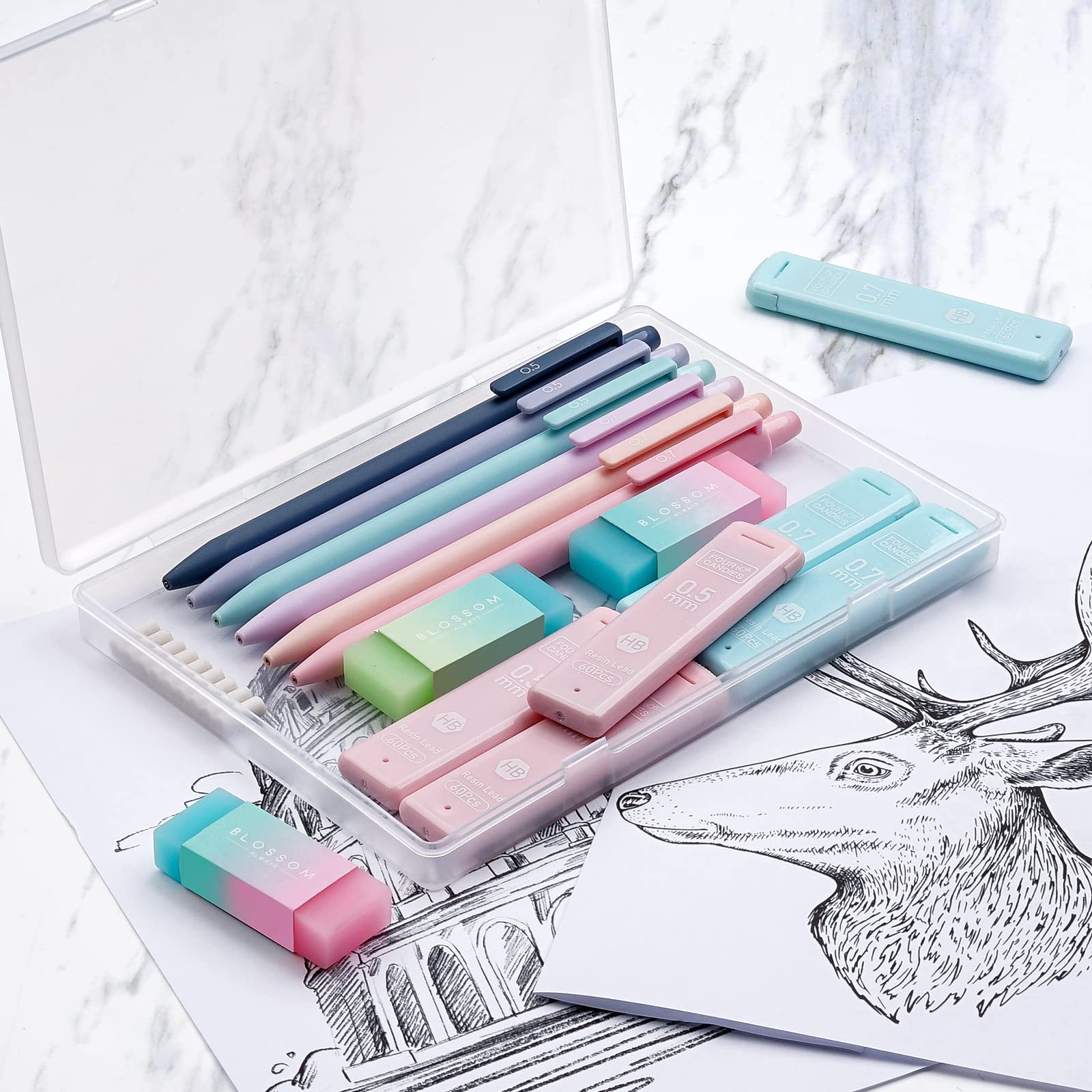 Four Candies Cute Mechanical Pencils, 6PCS Pastel Mechanical Pencils in 0.5mm & 0.7mm, with 360PCS Pencil Leads, 3PCS Erasers and 9PCS Refills, Aesthetic Mechanical Pencil Set for Drawing & Writing