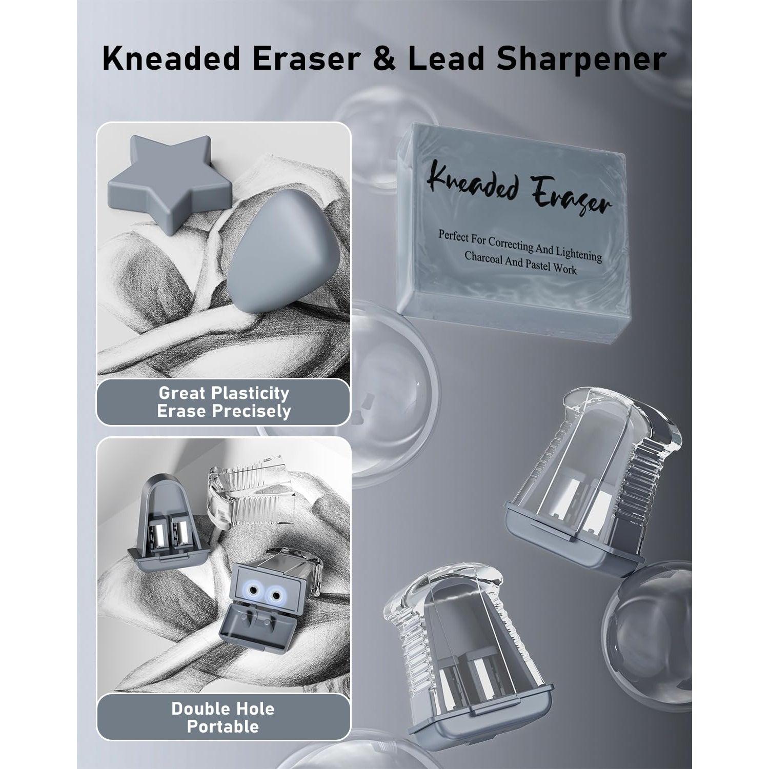 Four Candies Metal Mechanical Pencil Set, 6PCS Artist Metal Pencil 0.5, 0.7, 0.9, 2mm, Refills, Kneaded Eraser, Sharpener, Combo Set