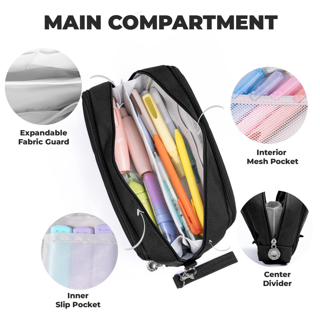 Four Candies Pencil Case 3 Compartment Pouch, Large Pencil Case for Women, Black, Removable Handle & Zipper, Cute Pencil Bag for Office, College