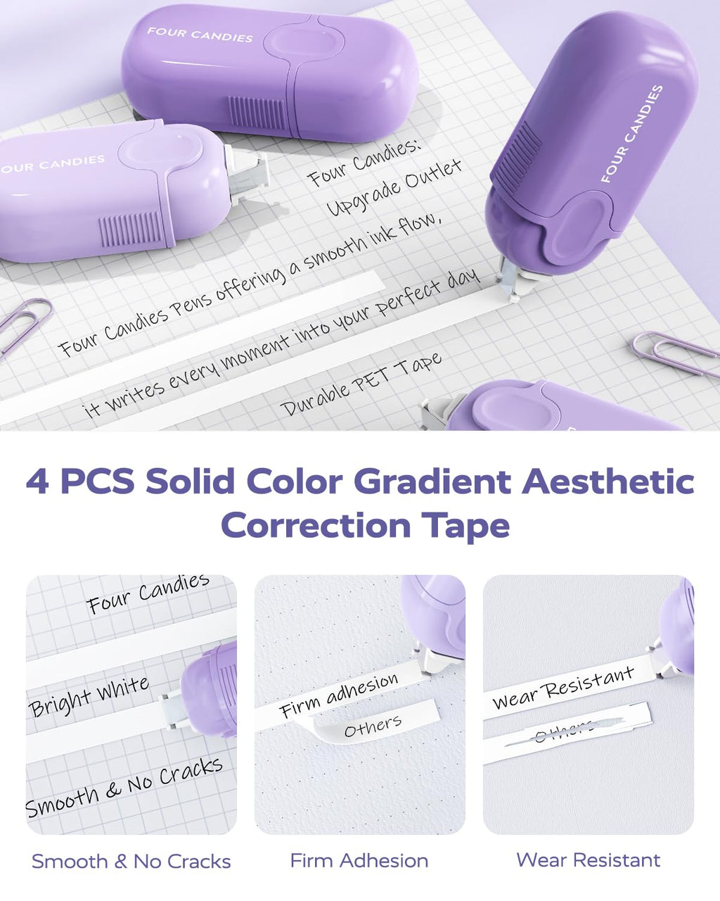 Four Candies Aesthetic Supplies, 4 Gel Pens with Black Ink, 4 Correction Tapes, 2 Pastel Highlighters, 2 Mechanical Pencils, Sticky Notes, Index Post for Bible Supplies with Case Purple