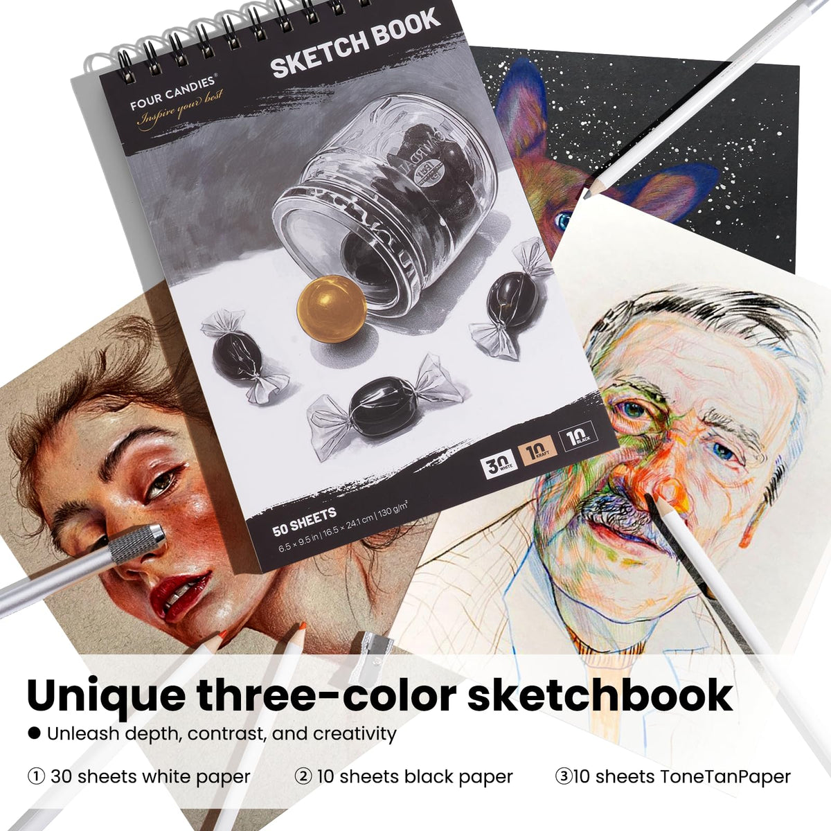 Four Candies 194 PCS Colored Pencils Set,120 Soft Oil-Based Colored Pencils for Adult Coloring Books and Professional Drawing,Blending,Shading, Art Supplies with Portable Zipper Case & 3-Color Sketch