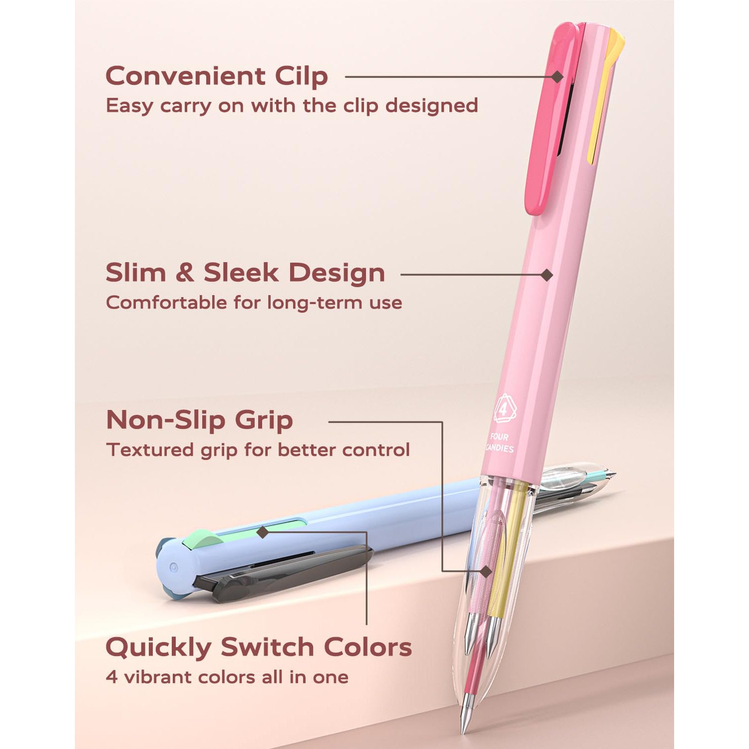 Four Candies 6 PCS Multicolor Pen, 0.5mm Colored Pens, 4-in-1 Multicolor Ink Pens, 18 Colors Retractable Ink Pens for Office Supplies