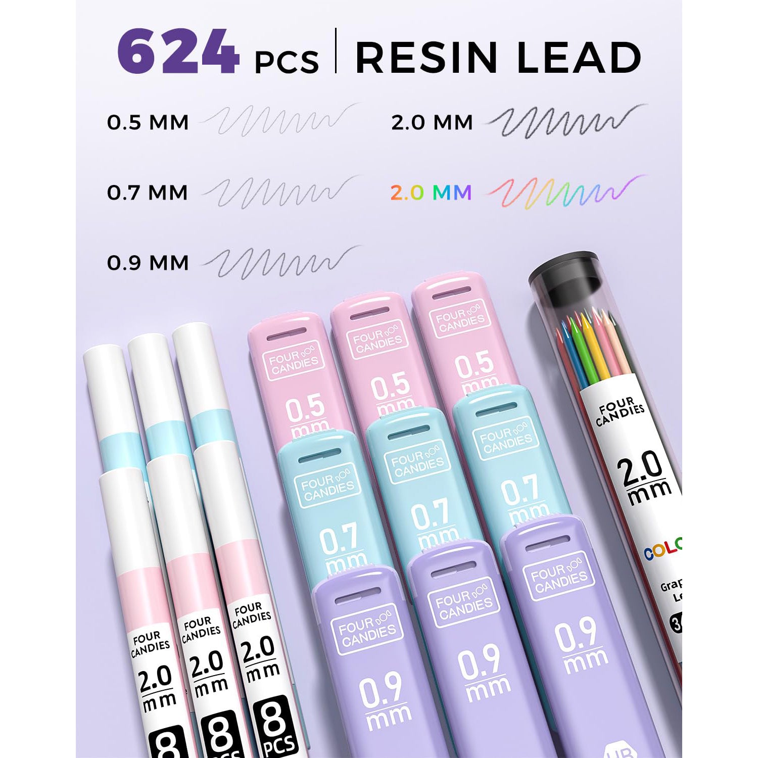 Four Candies 36PCS Aesthetic Supplies in Large Capacity Pencil Case, 12PCS Mechanical Pencils 0.5-2.0mm with 624PCS Lead Refills, Cute Pencils Ideal for Writing, Drawing & Drafting (Pink)