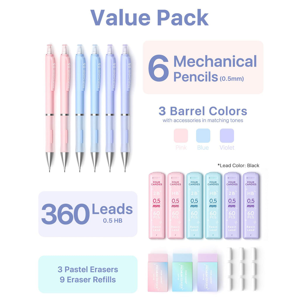 Four Candies 0.5 mm Mechanical Pencil Set - 6PCS Cute Pencils with 360PCS HB & 2B Lead Refills, 3PCS Pastel Erasers and 9PCS Eraser Refills, Aesthetic Supplies for Writing Drawing Drafting