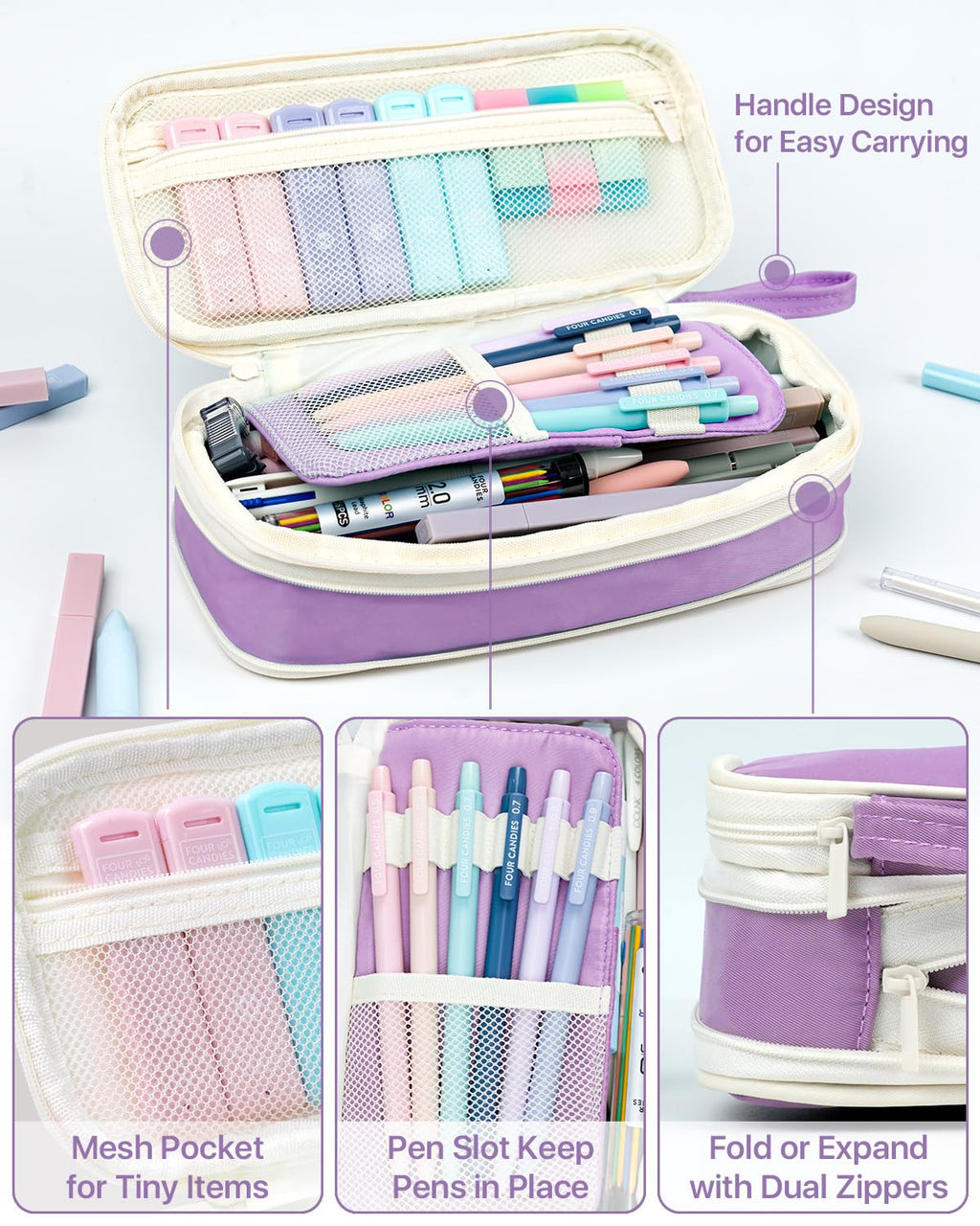 Four Candies 56 PCS Aesthetic Supplies with Pencil Case, 6 Multicolor Pen, 12 Pastel Highlighters, 5 Gel Pens Black Ink, 9 Mechanical Pencils for Stationary Set Preppy Stuff (Purple)
