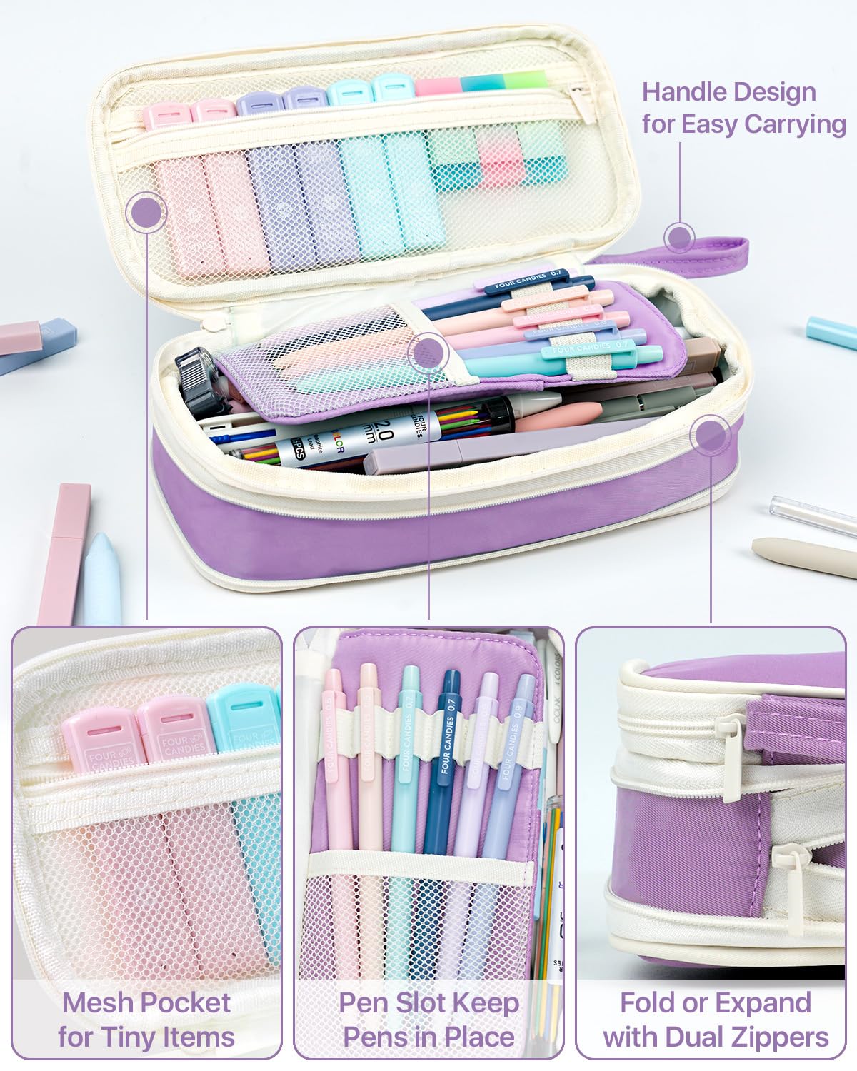 Four Candies 56 PCS Aesthetic Supplies with Pencil Case, 6 Multicolor Pen, 12 Pastel Highlighters, 5 Gel Pens Black Ink, 9 Mechanical Pencils for Stationary Set Preppy Stuff (Purple)