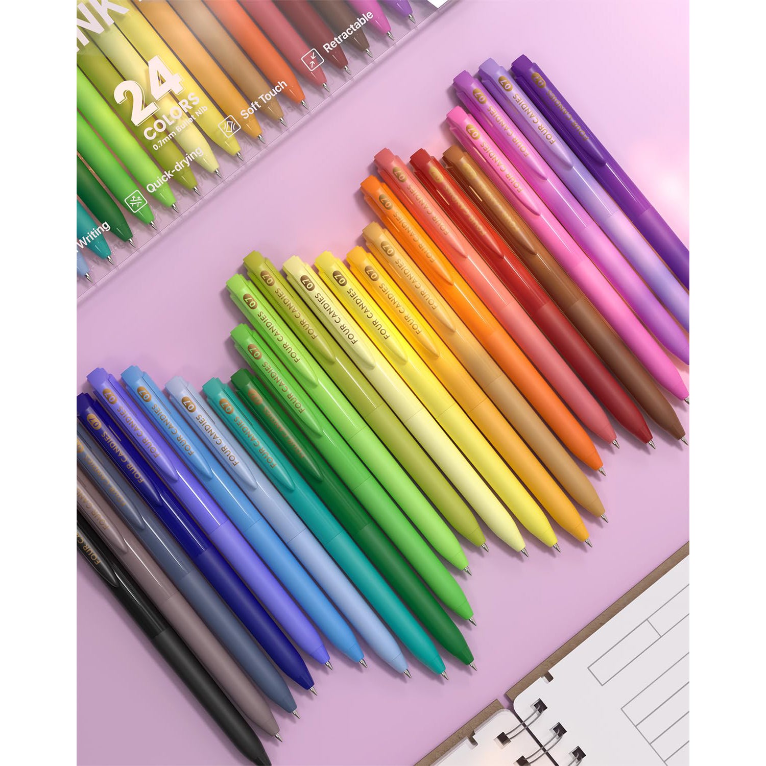 Four Candies Quick Dry Ink Colored Pens Set, 24 Colors Retractable Gel Pen, 0.7mm Fine Point Colorful Pens for Note Taking & Drawing, Colored Gel Pens with Comfort Grip for Office & Home