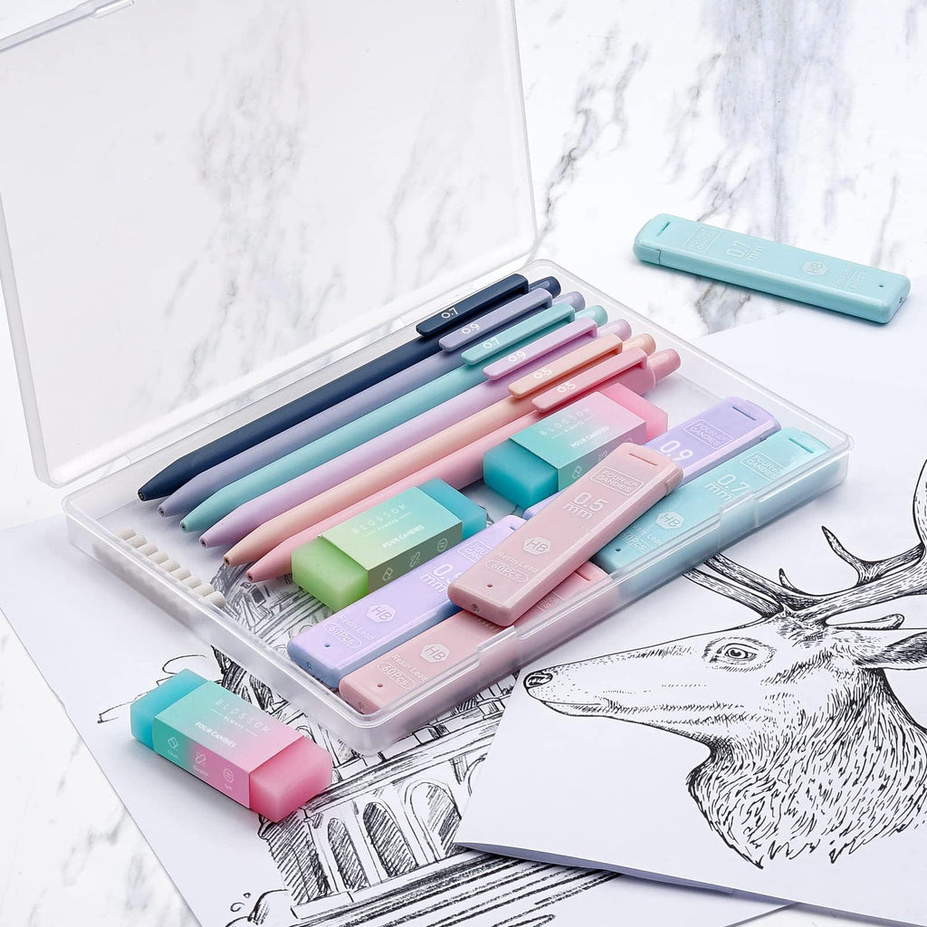 Four Candies 6PCS Cute Mechanical Pencils 0.5mm & 0.7mm & 0.9mm with Leads, Erasers and Eraser Refills