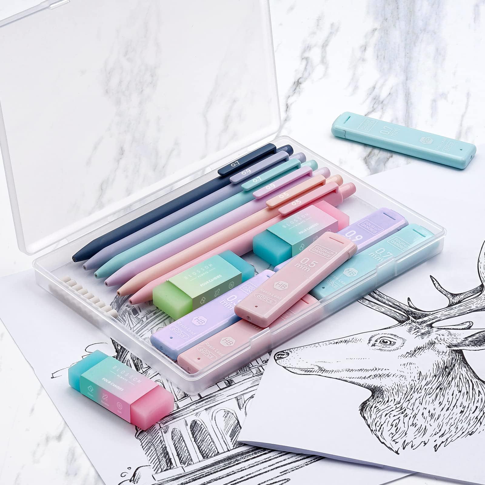 Four Candies 6PCS Cute Mechanical Pencils 0.5mm & 0.7mm & 0.9mm with Leads, Erasers and Eraser Refills