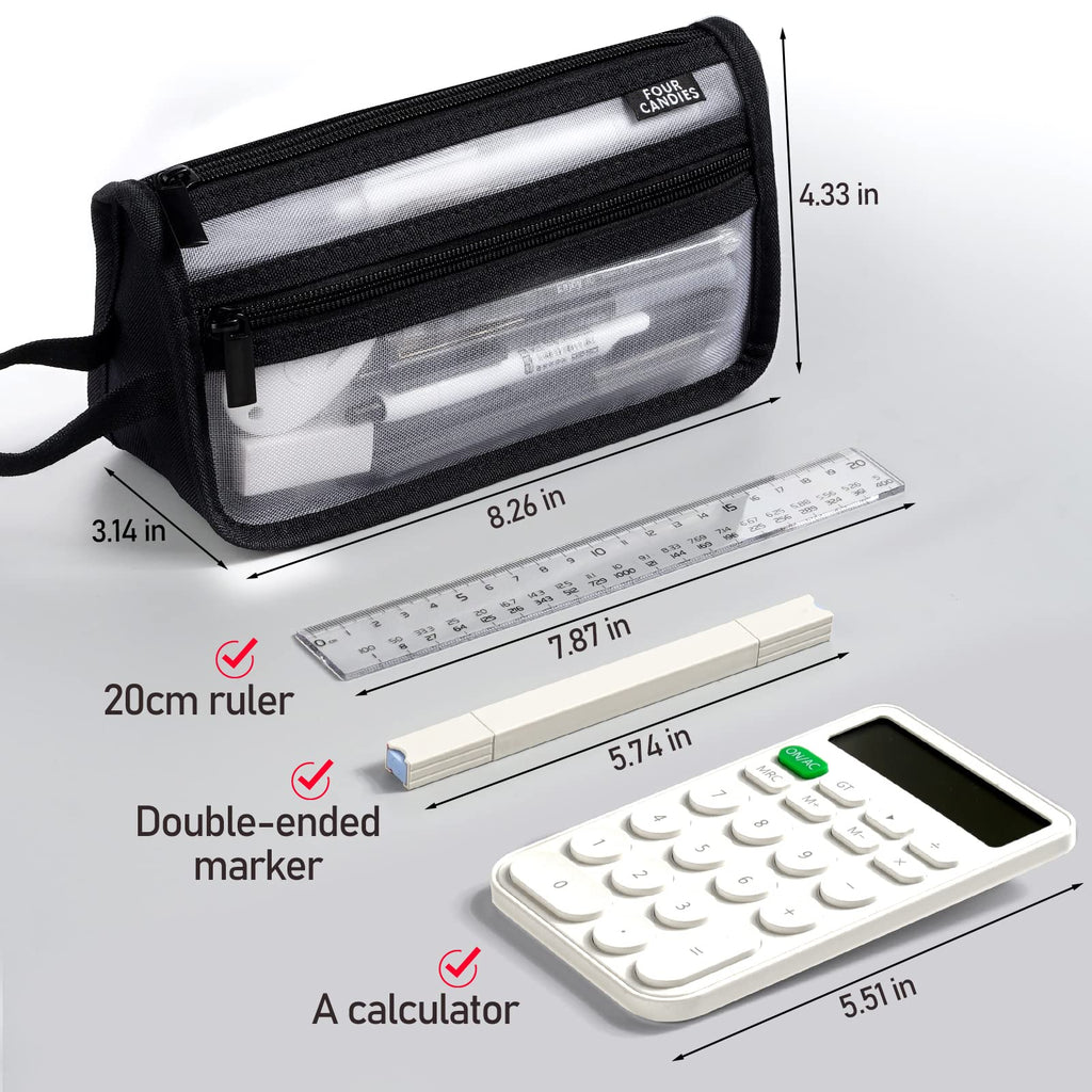 Four Candies Grid Mesh Pencil Case with Handle and Zipper, Clear Double-Layer Pencil Pouch Marker Pouch, Travel Makeup Bag, Stationary Organizer Pen Bag for Adult Office College