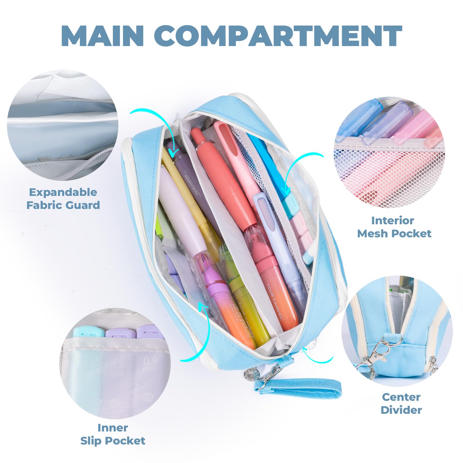 Four Candies Pencil Case 3 Compartment, Large Pencil Case with Removable Handle & Zipper, Cute Stationery Organizer for Markers, Makeup Bag, Cute Pencil Bag for Office College, Blue