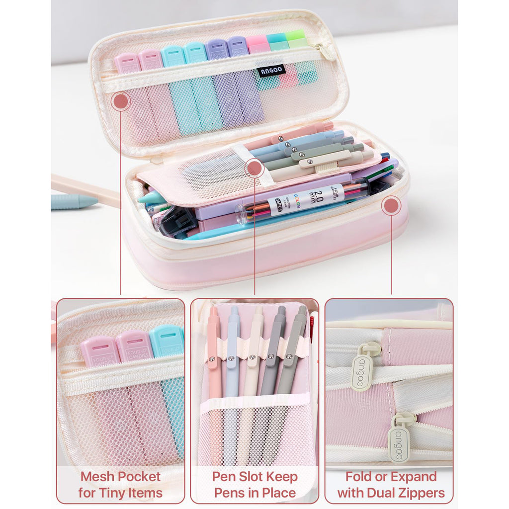 Four Candies 56 PCS Aesthetic Supplies with Large Pencil Case, 6 Colored Ballpoint Pens, 12 Pastel Highlighters, 5 Black Ink Gel Pens, 9 Mechanical Pencils 0.5-2.0mm Essentials (Pink)