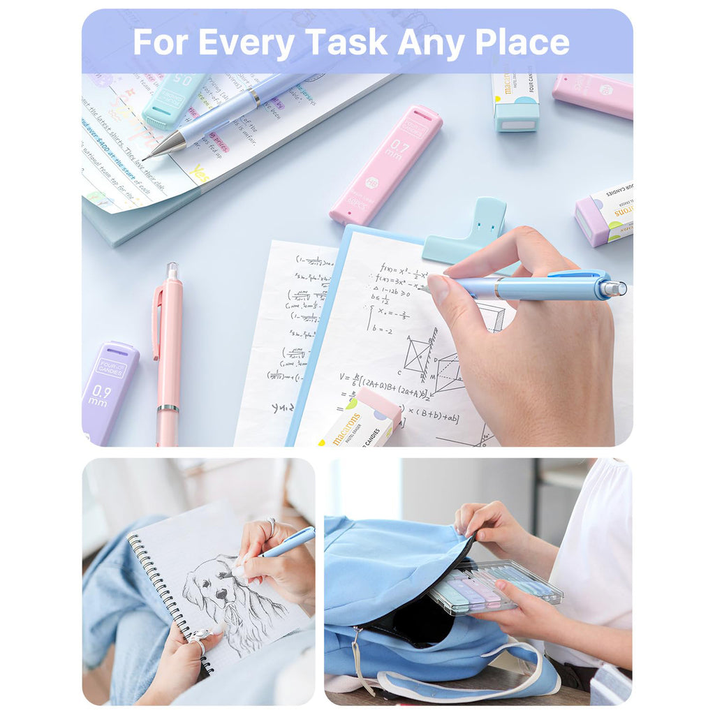 Four Candies Pastel Mechanical Pencil Set - 6PCS 0.5 & 0.7 & 0.9 mm Pencils with 360PCS HB Lead Refills, 3 Erasers and 9 Eraser Refills