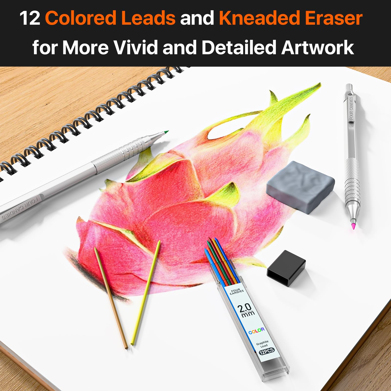 Four Candies Metal Mechanical Pencil Set,5 Count, Metal Mechanical Pencils 0.5, 0.7, 0.9,2.0(2Pcs), 420Pcs Leads (4B 2B HB 2H Color), for Writing Sketching Drawing (Silver)