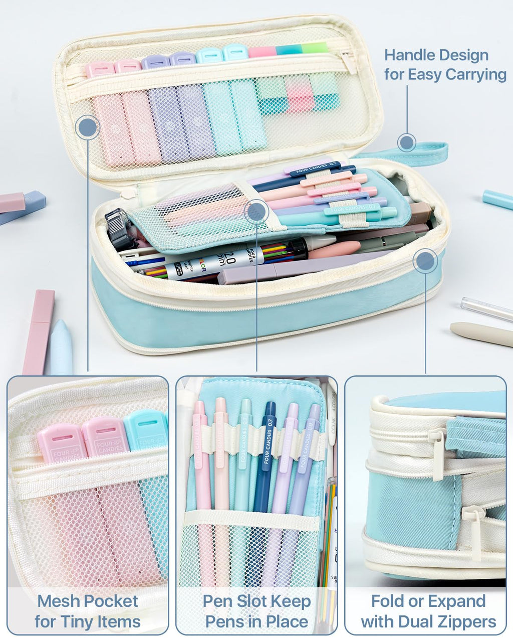 Four Candies 56 PCS Aesthetic Supplies with Cute Pencil Case, 6 Multicolor Pen, 12 Pastel Highlighters, 5 Gel Pens Black Ink, 9 Mechanical Pencils for Stationary Set Preppy Stuff (Blue)