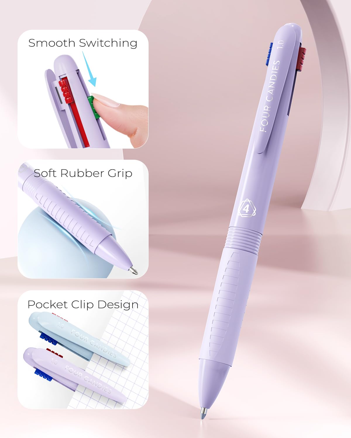 Four Candies Multicolor Pens, 4-in-1 Colored Pen, 9 Pack 1.0mm 4 Color Pens, Quick Dry Nurse Pens, Smooth Writing Colored Ink Pens, Comfort Grip & Macaron Office, Gifts For Women