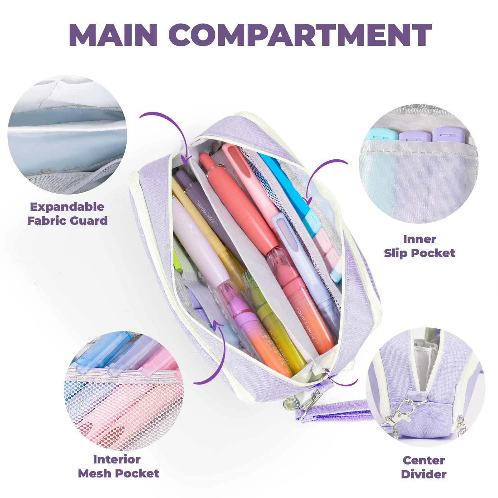 Four Candies Pencil Case 3 Compartment Pouch, Large Pencil Case for Women, Puple, Removable Handle & Zipper, Cute Pencil Bag for Office