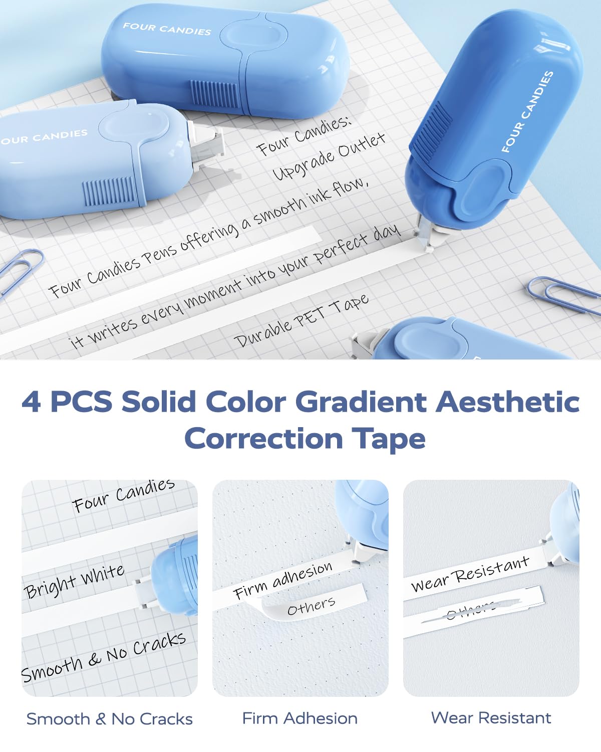 Four Candies Aesthetic Supplies, 4 Gel Pens with Black Ink, 4 Correction Tapes, 2 Pastel Highlighters, 2 Mechanical Pencils, Sticky Notes, Index Post for Bible Supplies Blue