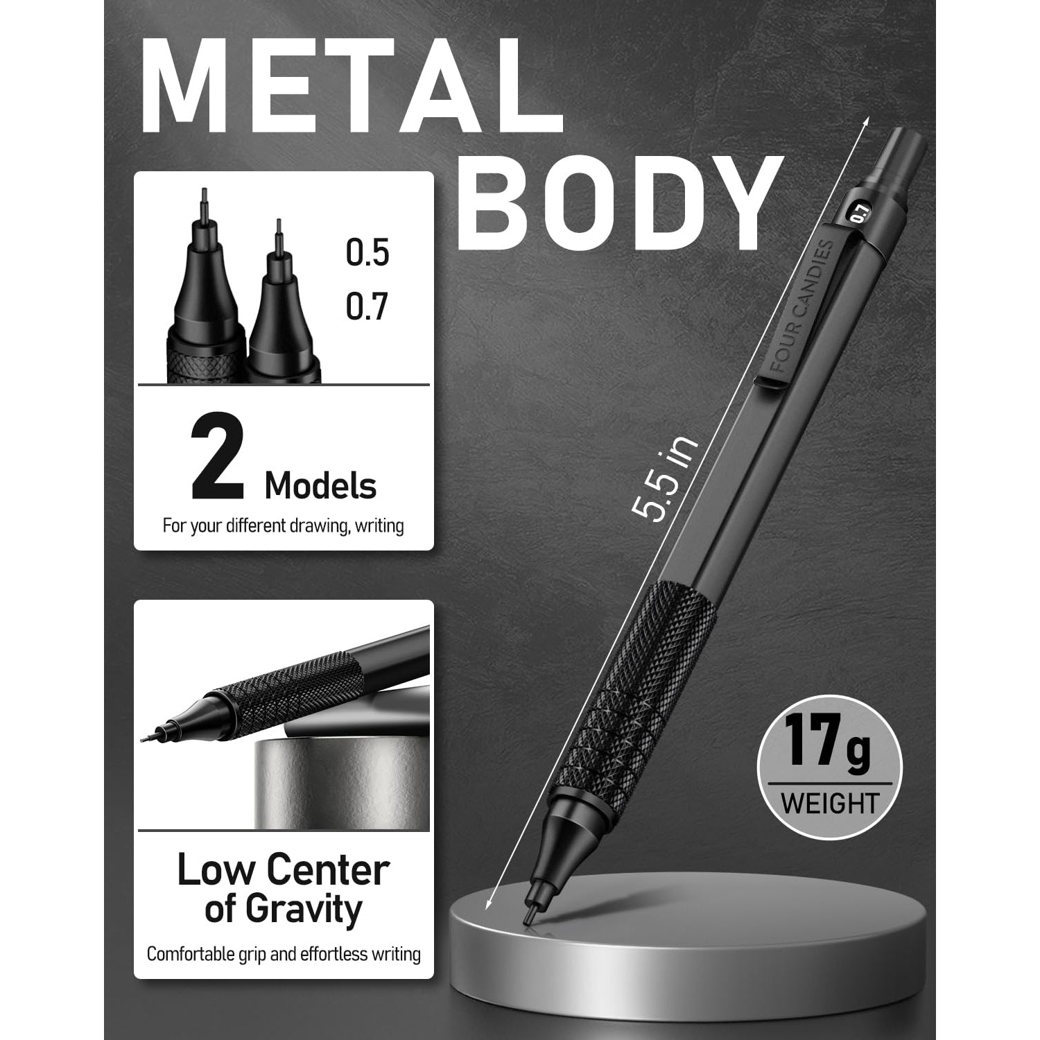 Four Candies 2PCS Metal Mechanical Pencils Set , 0.5mm & 0.7 mm Pencil with 6 Tubes (360PCS) HB Lead Refills, 3 Erasers,9 Eraser Refills, Black