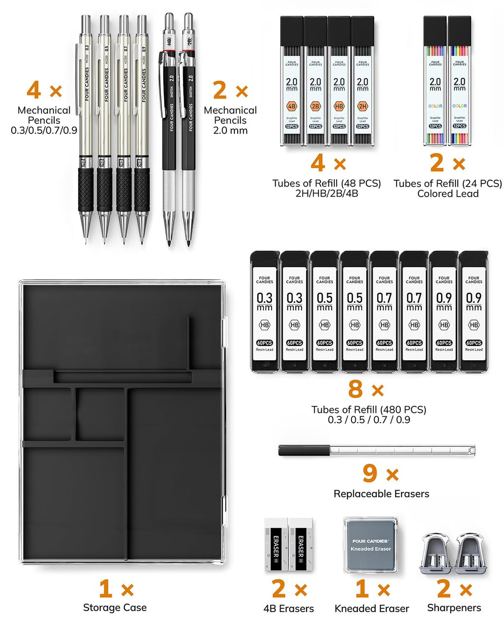 Four Candies 27PCS Art Mechanical Pencil Set with Case, 4PCS Metal Drawing Pencil 0.3, 0.5, 0.7, 0.9 mm & 2PCS 2mm Lead Holder (HB 2H 2B 4B Color) with 552 Graphite Lead Refills for Drawing Sketching