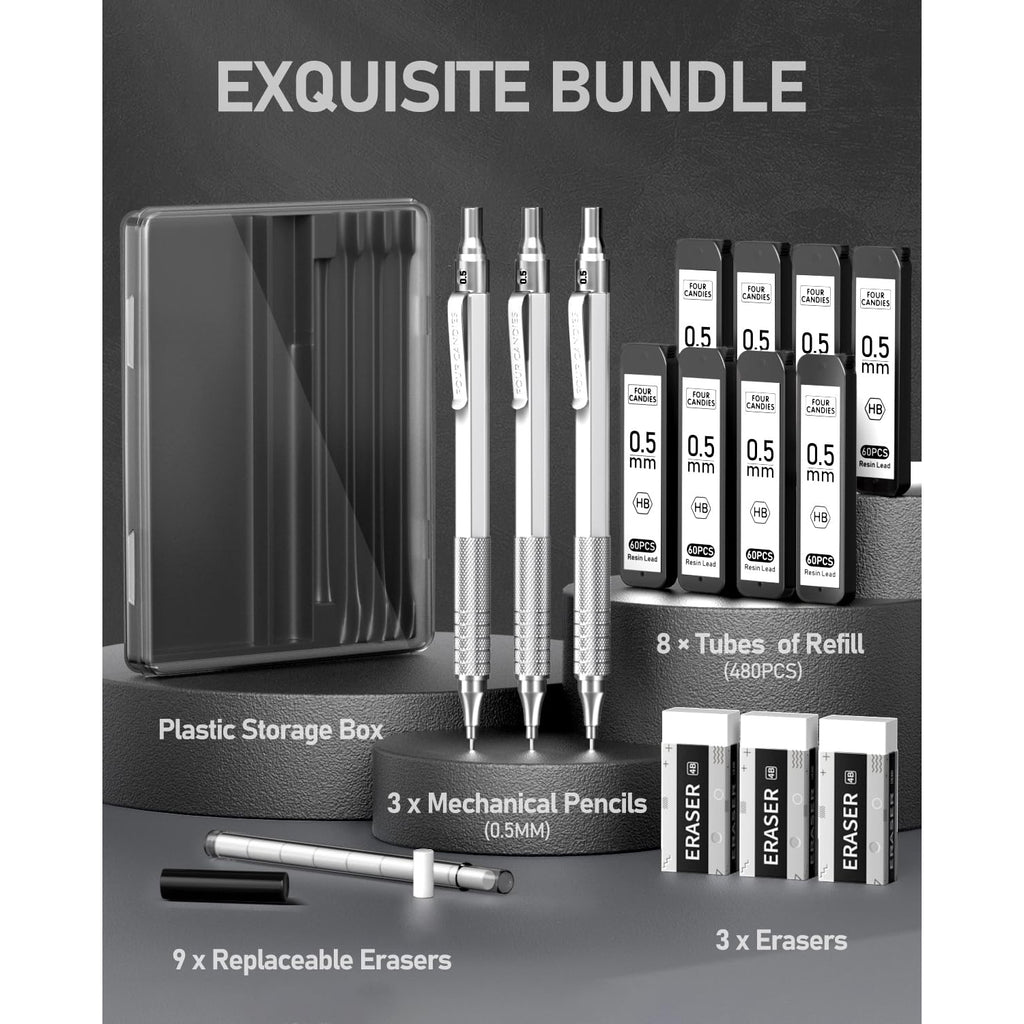 Four Candies Mechanical Pencil Set with Case Erasers Refills, 0.5, 8 HB, 3 Count