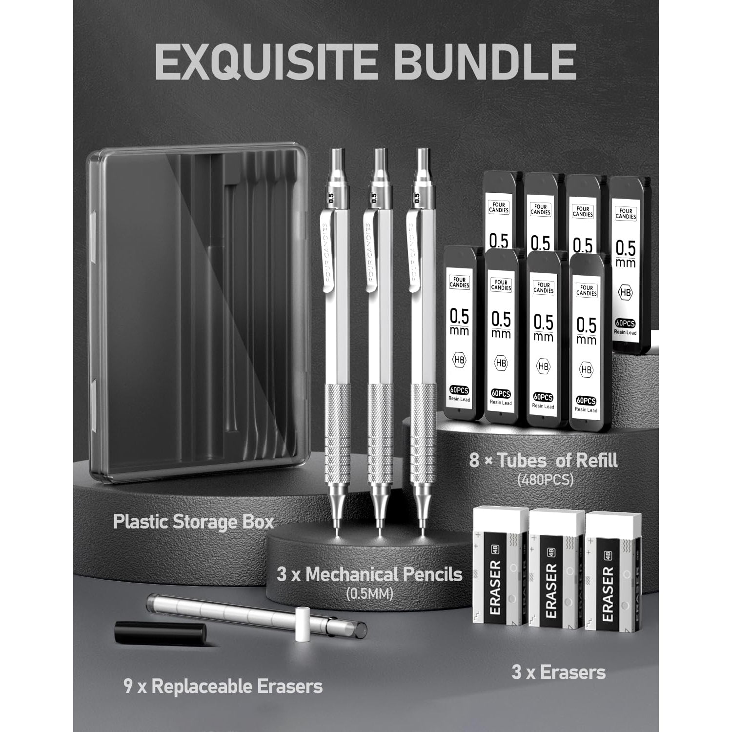 Four Candies Mechanical Pencil Set with Case Erasers Refills, 0.5, 8 HB, 3 Count