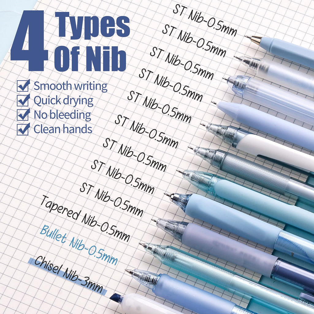 Four Candies Retractable Pen Set, 11Pcs Black Ink Gel Pens(0.5mm), 1Pcs Blue Highlighter, 0.5mm Fine Point for Journaling, Writing and Note-Taking