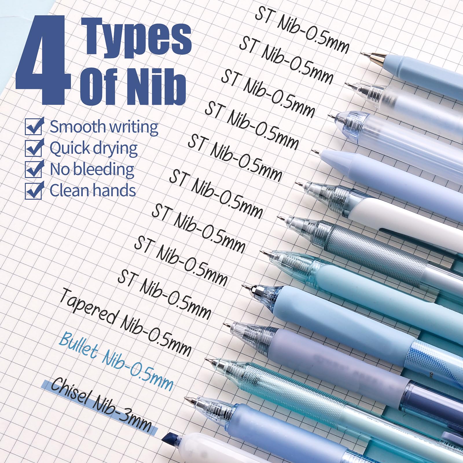 Four Candies Retractable Pen Set, 11Pcs Black Ink Gel Pens(0.5mm), 1Pcs Blue Highlighter, 0.5mm Fine Point for Journaling, Writing and Note-Taking