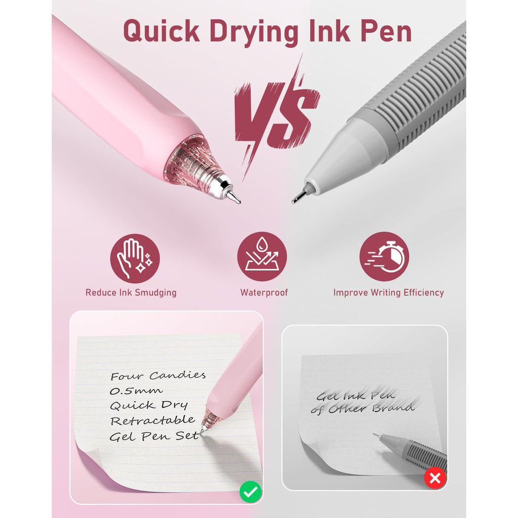 Four Candies 14Pack Pastel Gel Ink Pen Set,Cute Retractable 0.5mm Fine Point Pen,12 Pack Black Ink Pens with 2Pack Highlighter, Smooth Writing Pens(Pink)