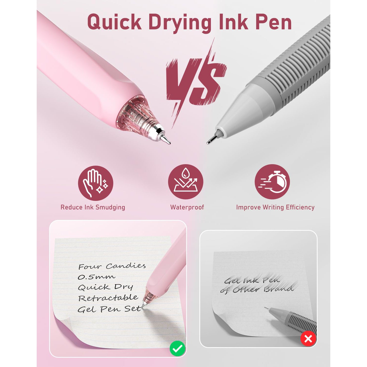 Four Candies 14Pack Pastel Gel Ink Pen Set,Cute Retractable 0.5mm Fine Point Pen,12 Pack Black Ink Pens with 2Pack Highlighter, Smooth Writing Pens(Pink)