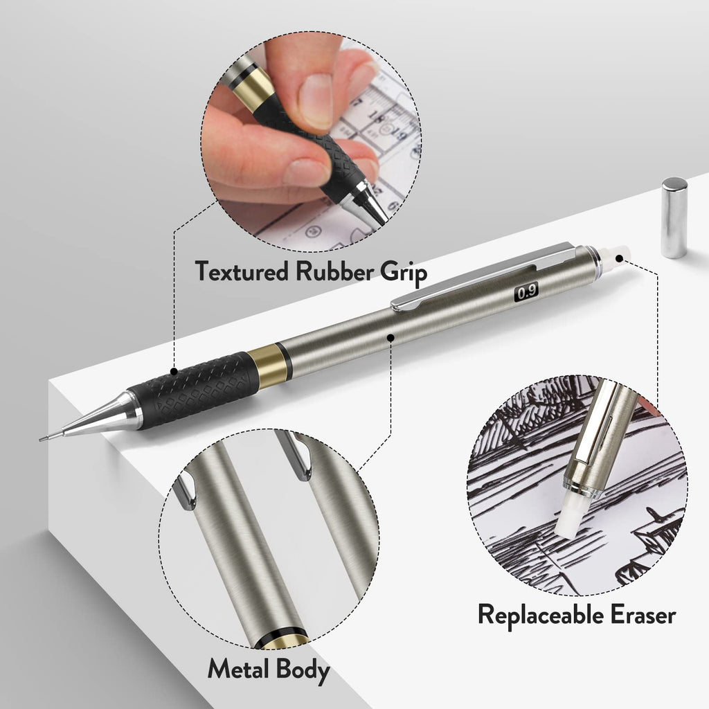 Four Candies Metal Mechanical Pencil Set - 3PCS 0.9mm Mechanical Pencils & 360PCS HB Lead Refills 3PCS Erasers & 9PCS Eraser Refills, Drawing Pencils