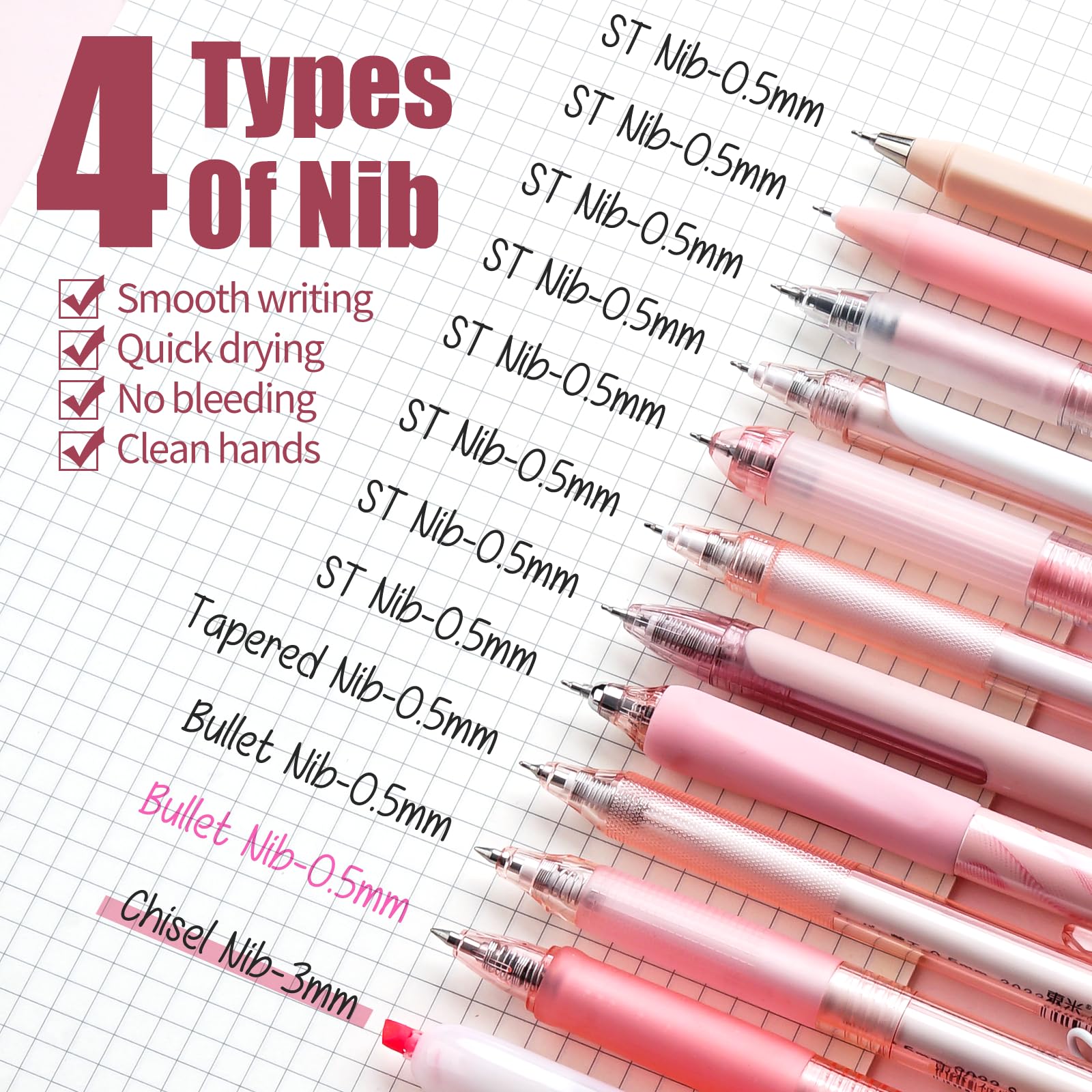 Four Candies Retractable Pink Pen Set, 11Pcs Black Ink Gel Pens(0.5mm), 1Pcs Pink Highlighter, 0.5mm Fine Point for Journaling, Writing and Note-Taking