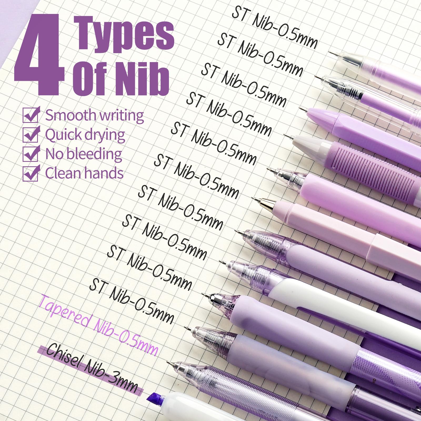 Four Candies Retractable Purple Pen Set, 11Pcs Black Ink Gel Pens(0.5mm), 1Pcs Purple Highlighter, 0.5mm Fine Point for Journaling, Writing and Note-Taking